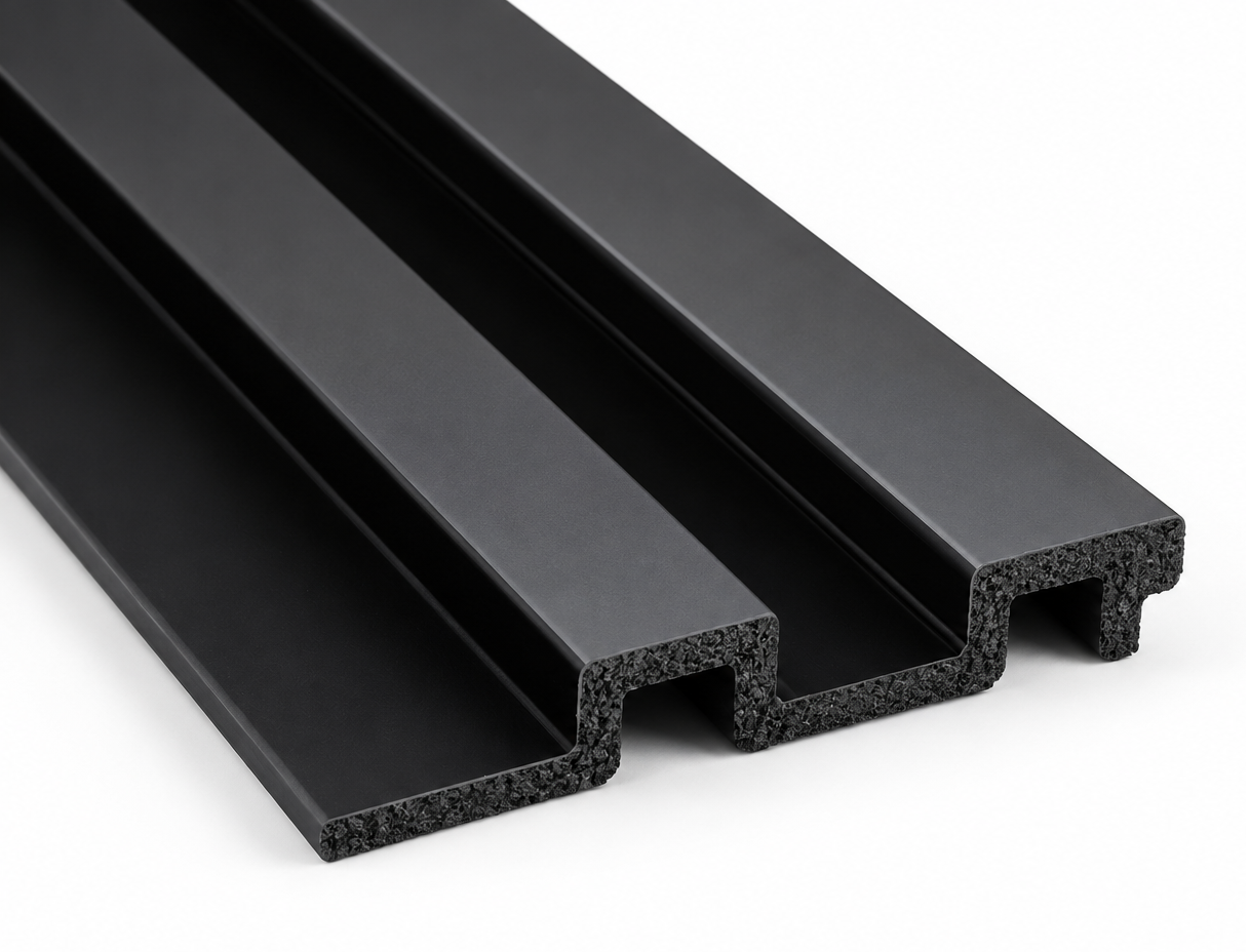 Antrasit polimer duvar lambiri profili beyaz zemin üzerinde çapraz açıyla sergilenen modern dekoratif PVC duvar kaplama modeli | DecoRoyal